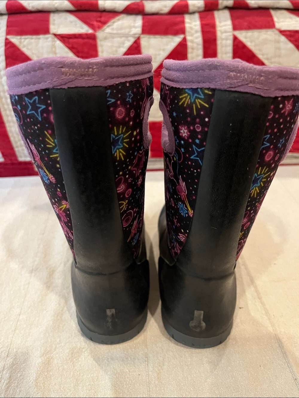 Bogs Kids Black Rain Boots with Purple Trim and Space Print - Picture 3 of 10